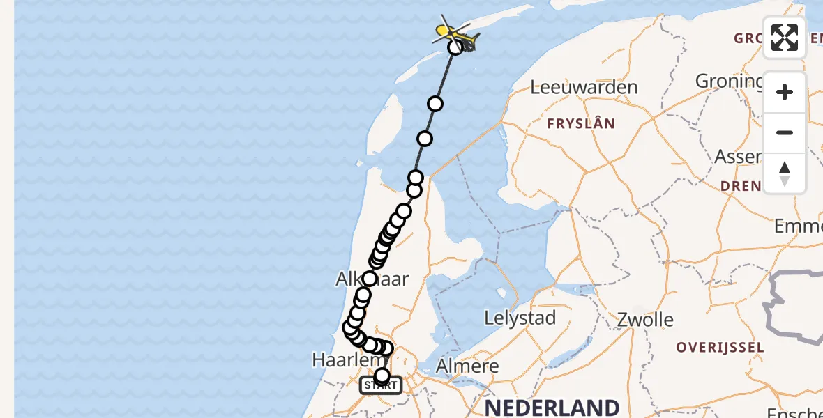 Routekaart van de vlucht: Politieheli naar West-Terschelling