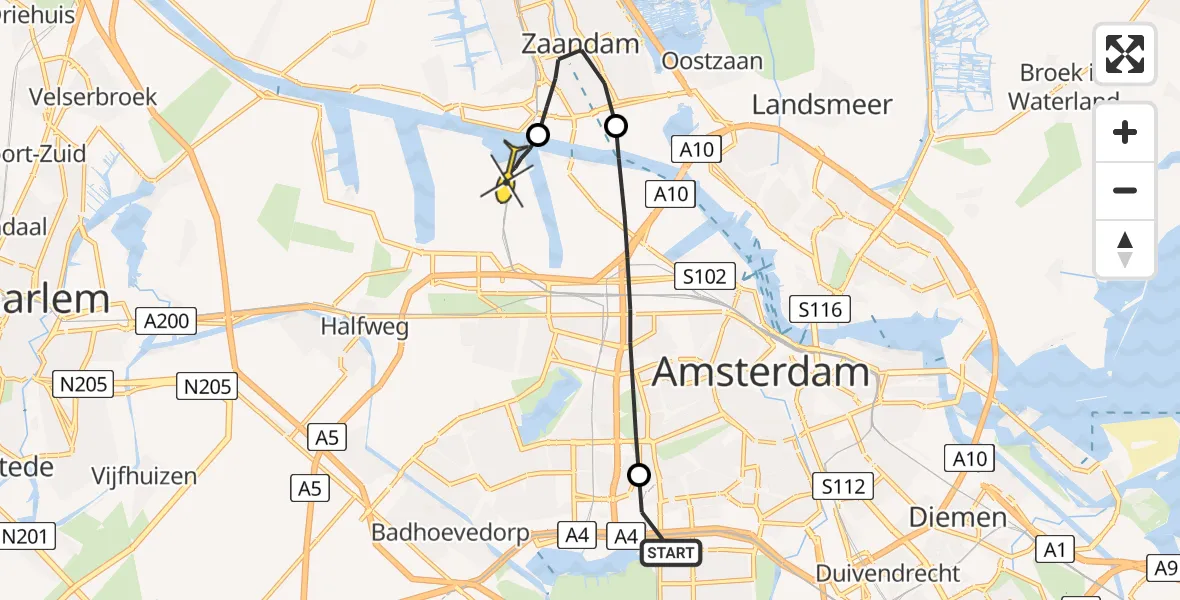 Routekaart van de vlucht: Lifeliner 1 naar Amsterdam Heliport