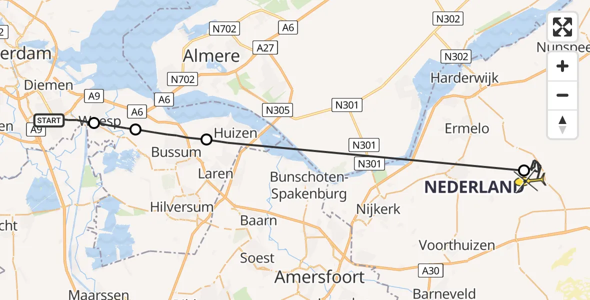 Routekaart van de vlucht: Politiehelikopter naar Ermelo