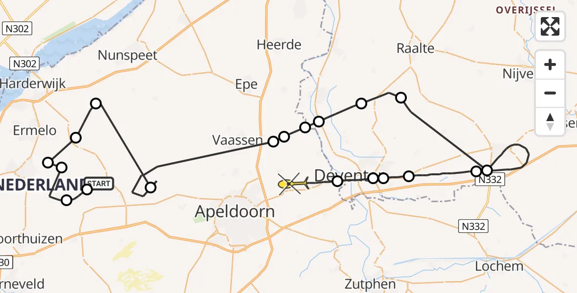 Routekaart van de vlucht: Politieheli naar Vliegveld Teuge