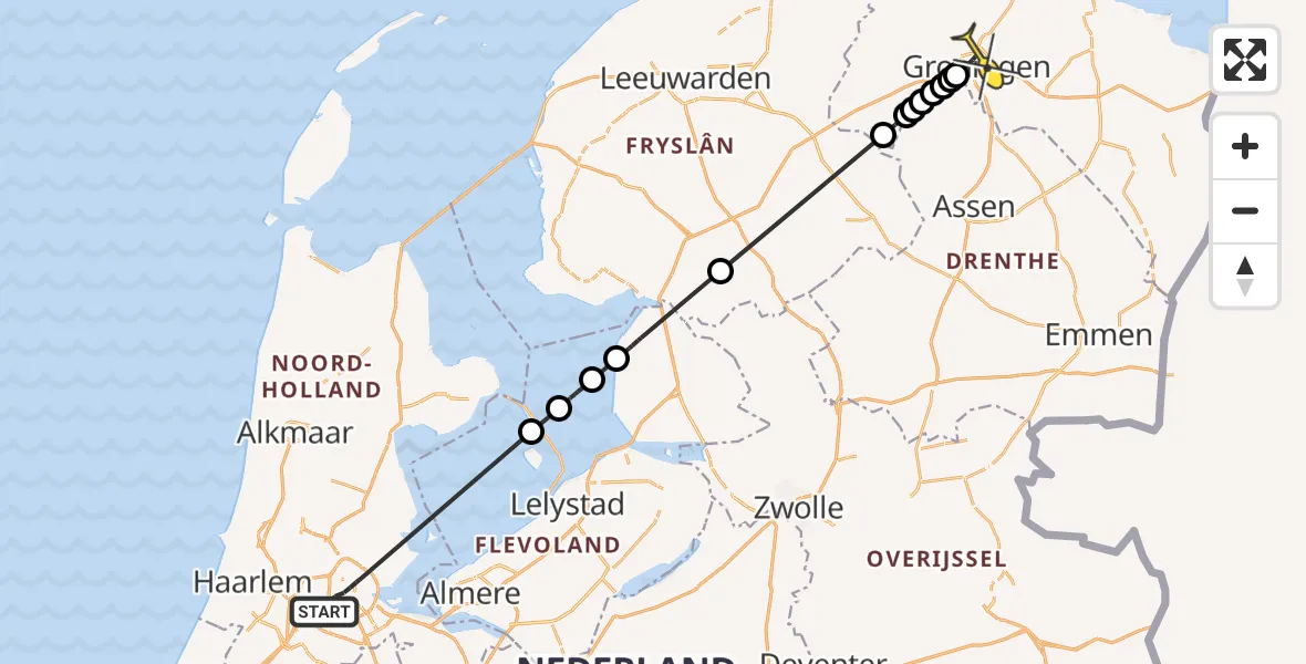 Routekaart van de vlucht: Politieheli naar Universitair Medisch Centrum Groningen