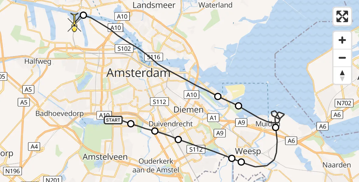 Routekaart van de vlucht: Lifeliner 1 naar Amsterdam Heliport
