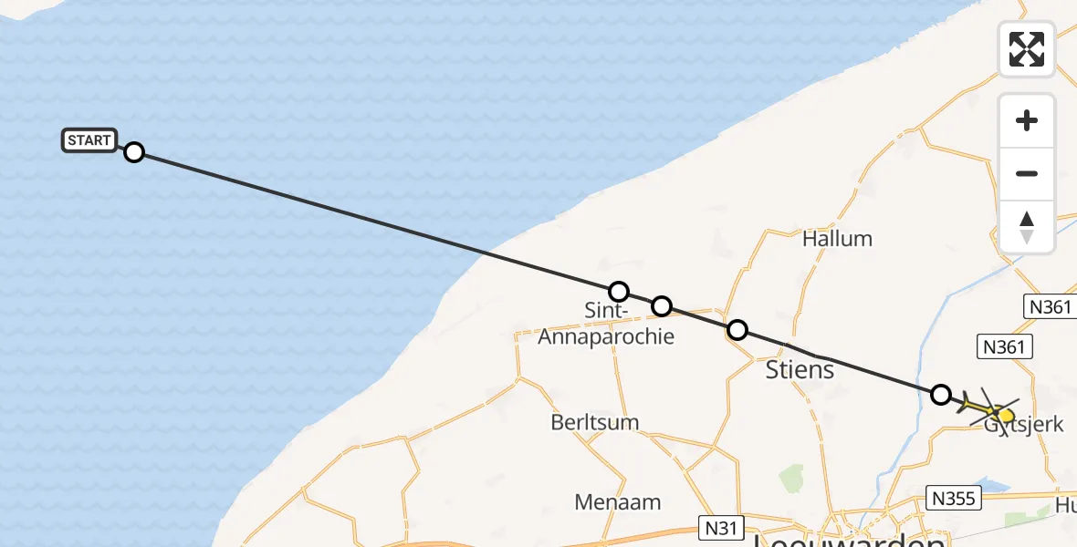 Routekaart van de vlucht: Ambulanceheli naar Gytsjerk