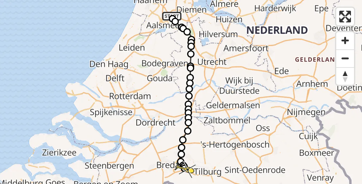 Routekaart van de vlucht: Politiehelikopter naar Vliegbasis Gilze-Rijen