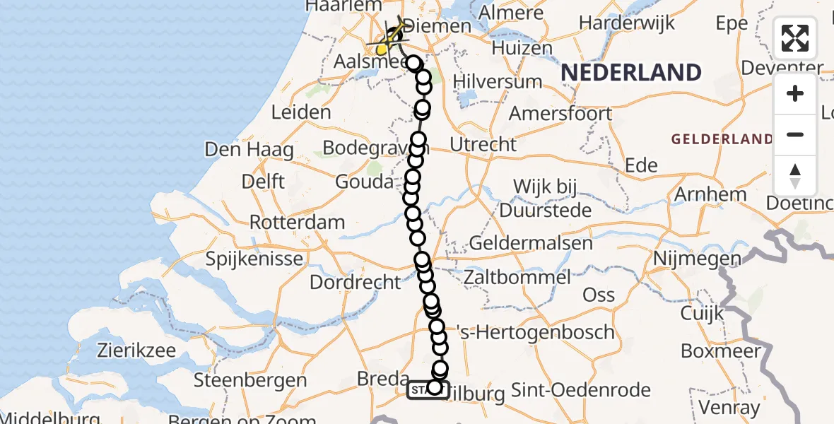 Routekaart van de vlucht: Politieheli naar Schiphol