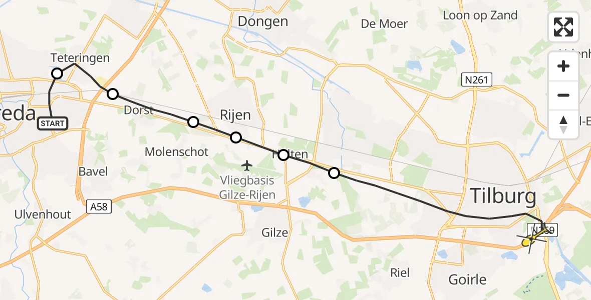 Routekaart van de vlucht: Lifeliner 2 naar Tilburg