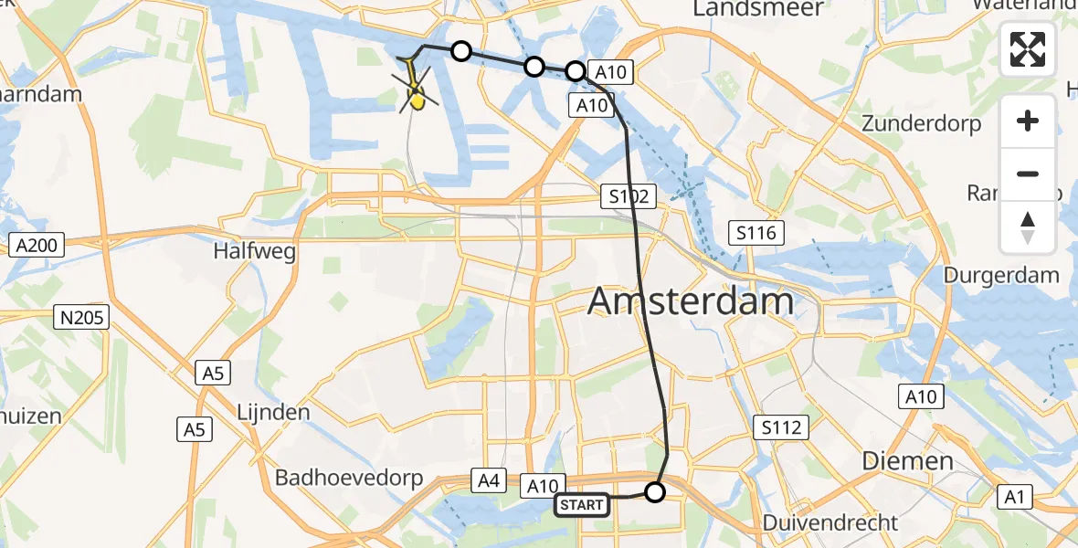Routekaart van de vlucht: Lifeliner 1 naar Amsterdam Heliport