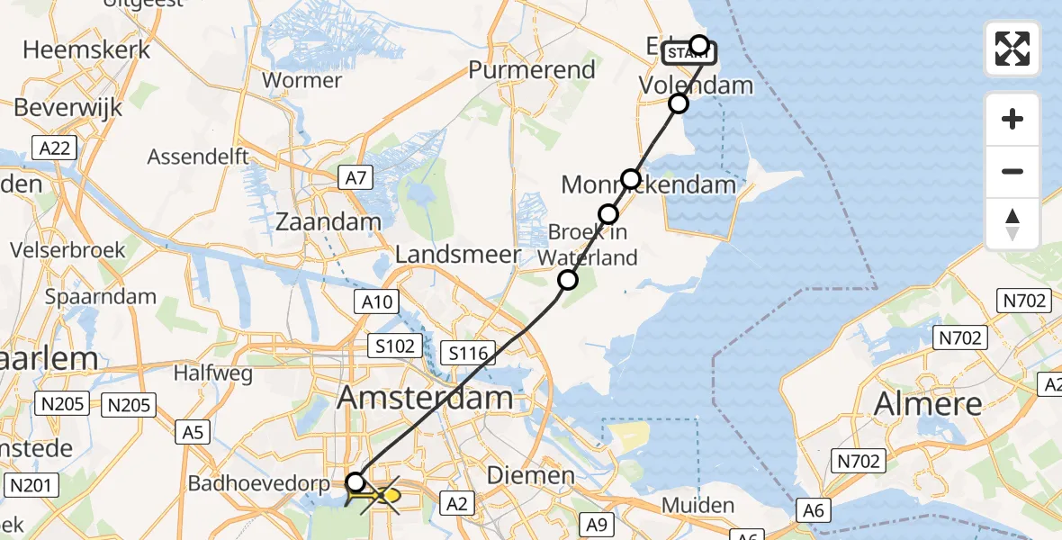 Routekaart van de vlucht: Lifeliner 1 naar VU Medisch Centrum Amsterdam