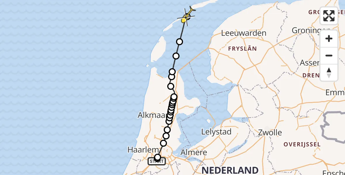 Routekaart van de vlucht: Politiehelikopter naar West-Terschelling