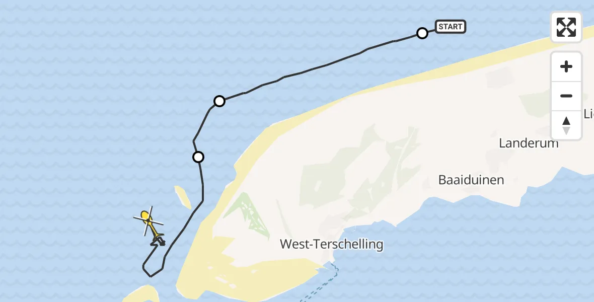 Routekaart van de vlucht: Politieheli naar West-Terschelling