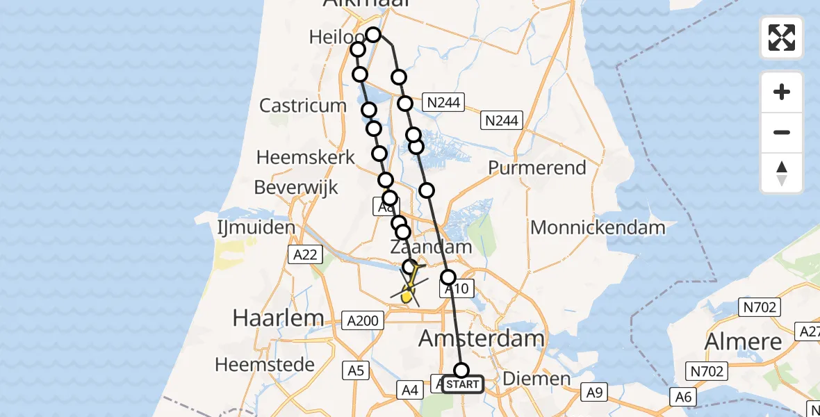 Routekaart van de vlucht: Lifeliner 1 naar Amsterdam Heliport