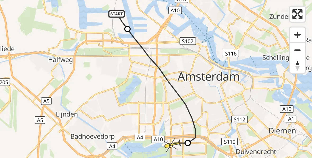 Routekaart van de vlucht: Lifeliner 1 naar VU Medisch Centrum Amsterdam