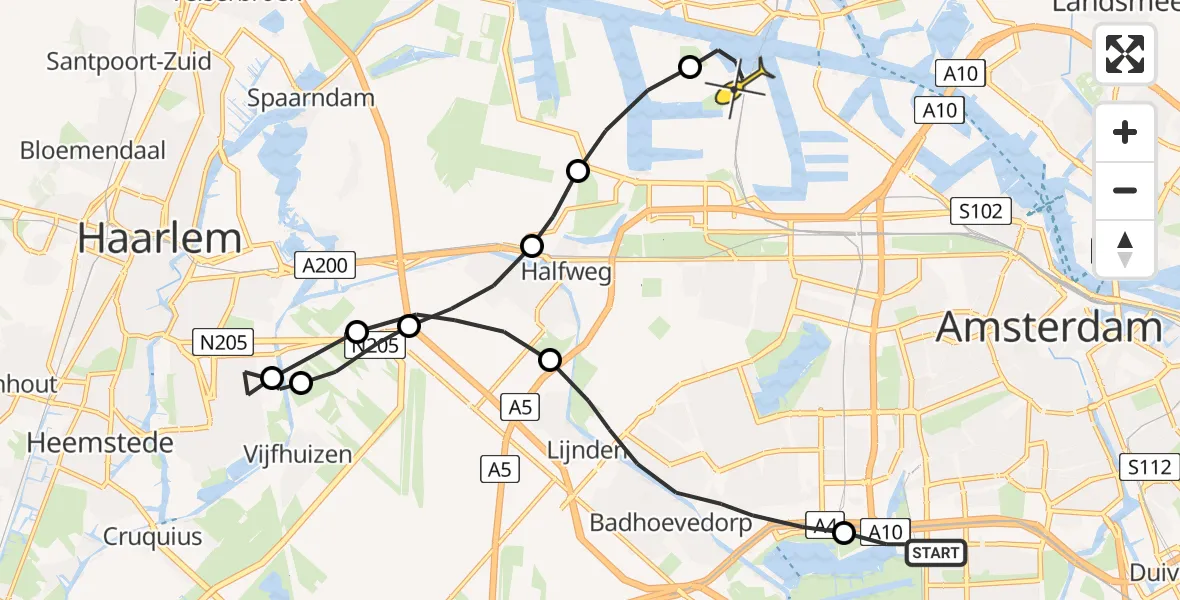Routekaart van de vlucht: Lifeliner 1 naar Amsterdam Heliport