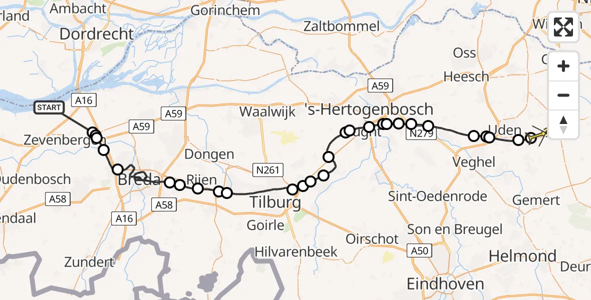 Routekaart van de vlucht: Politieheli naar Vliegbasis Volkel