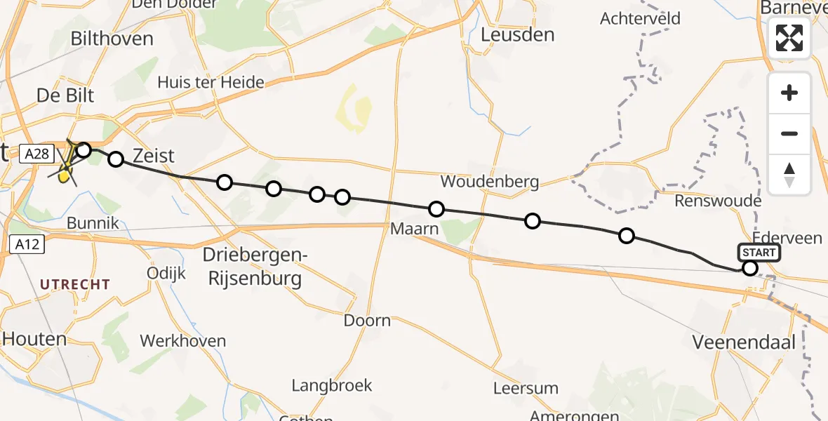 Routekaart van de vlucht: Lifeliner 1 naar Universitair Medisch Centrum Utrecht