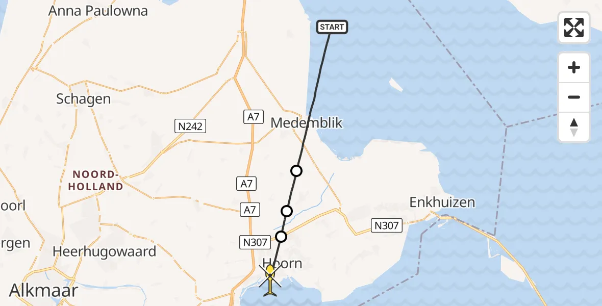 Routekaart van de vlucht: Politiehelikopter naar Hoorn