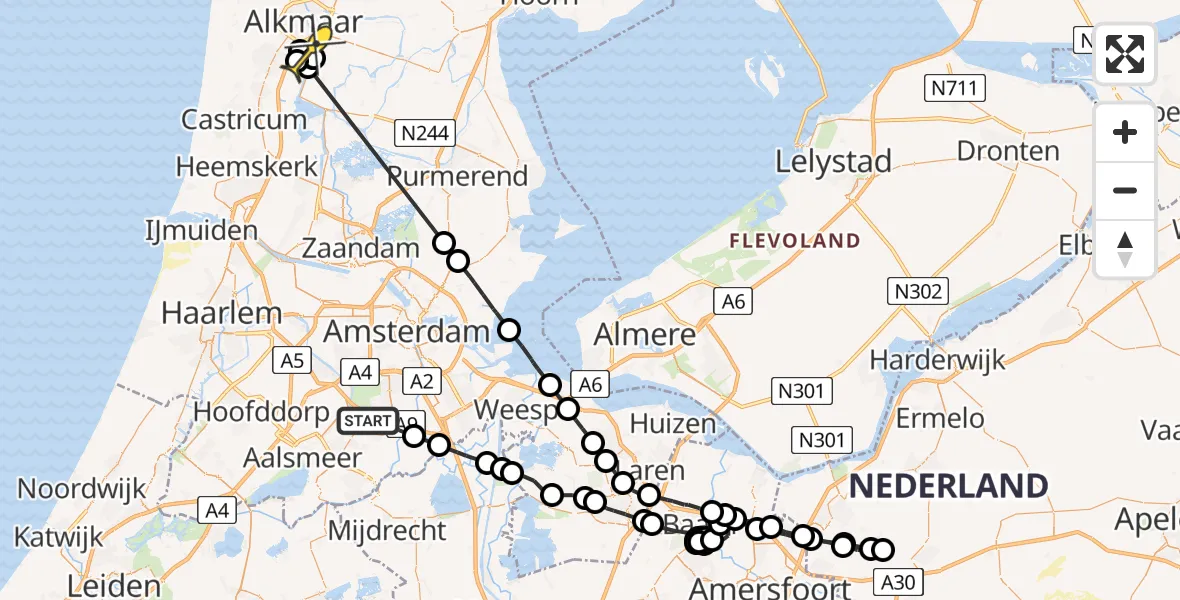 Routekaart van de vlucht: Politieheli naar Alkmaar