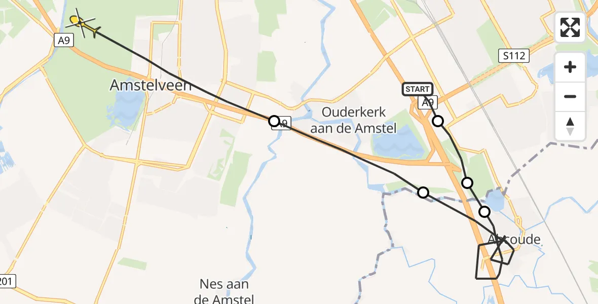 Vluchtroute Politiehelikopter van Amsterdam naar Amstelveen