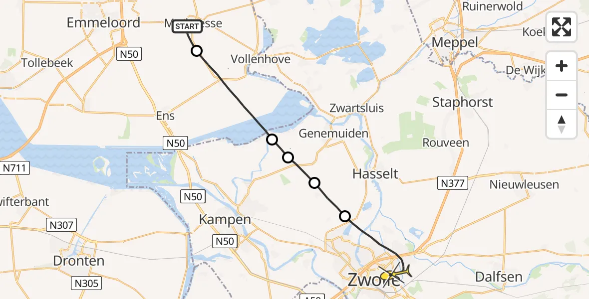 Routekaart van de vlucht: Lifeliner 1 naar Zwolle