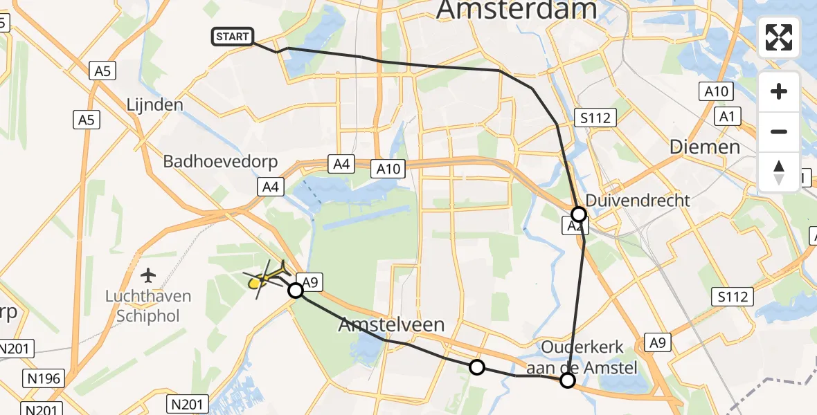 Routekaart van de vlucht: Politieheli naar Schiphol