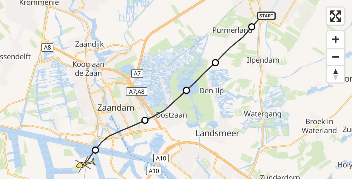 Routekaart van de vlucht: Lifeliner 1 naar Amsterdam Heliport