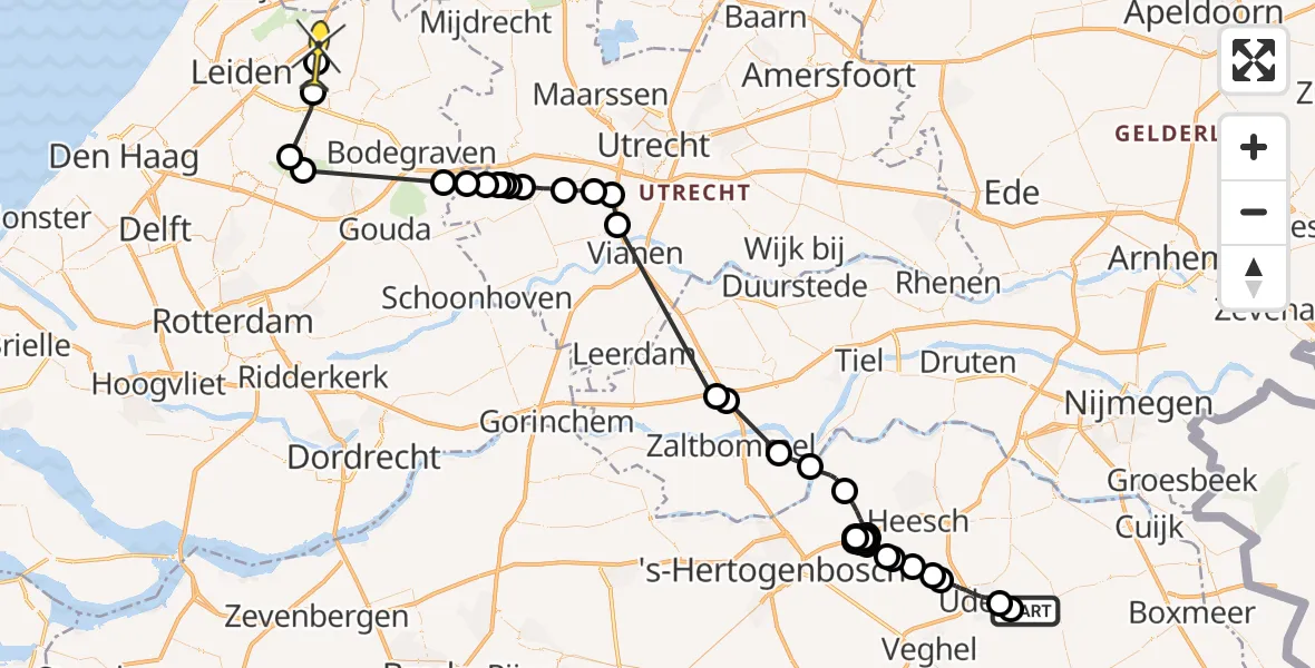 Routekaart van de vlucht: Politieheli naar Roelofarendsveen