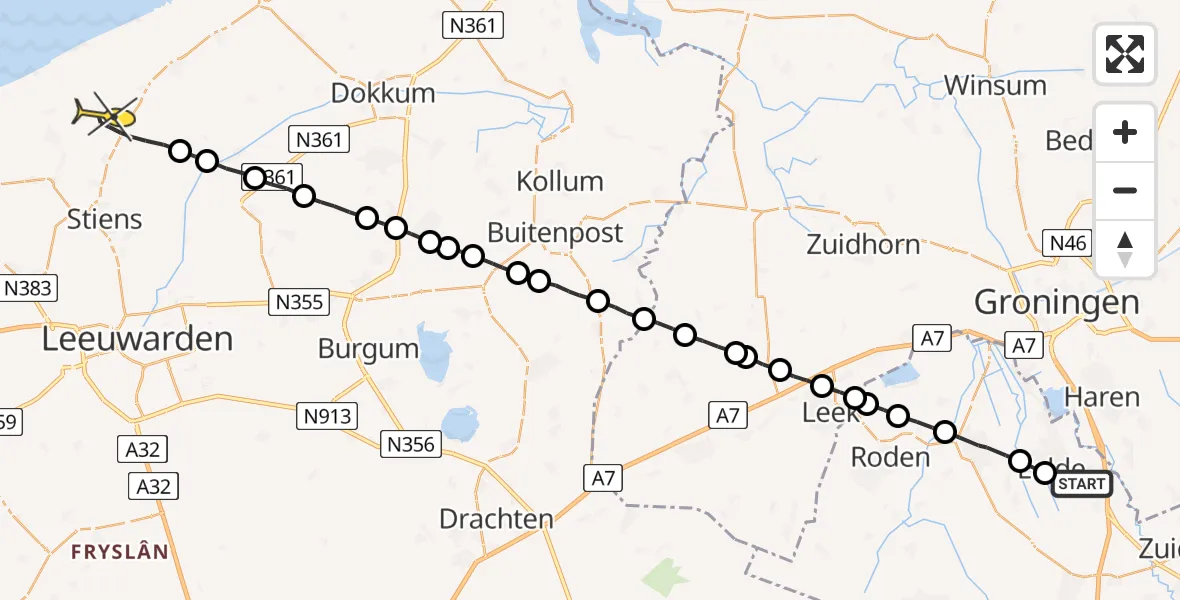 Routekaart van de vlucht: Lifeliner 4 naar Hallum