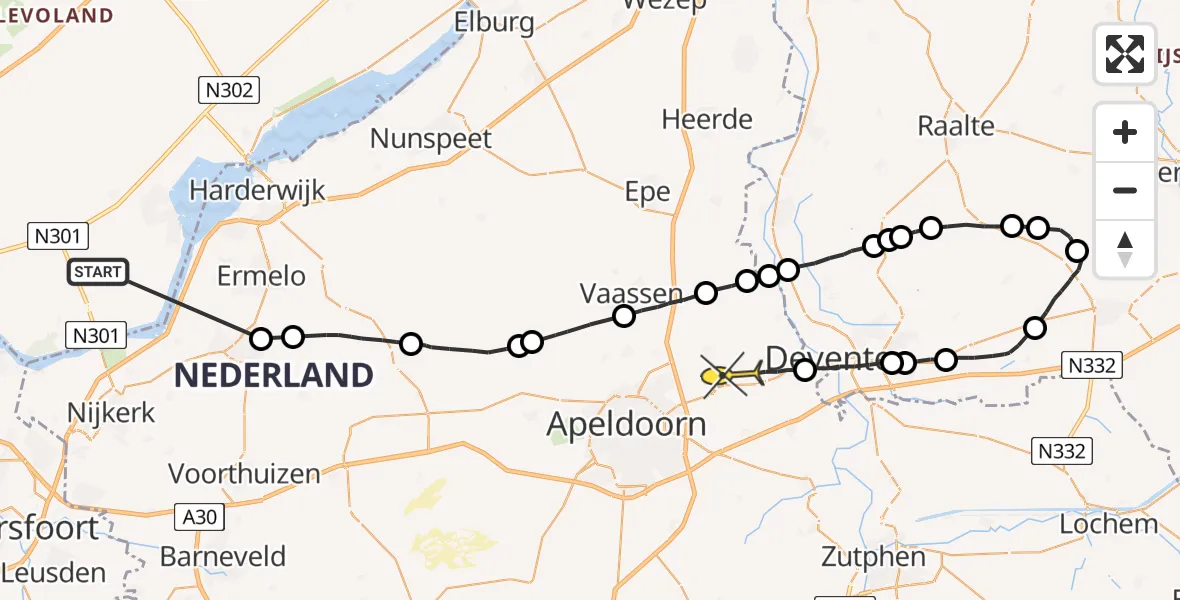 Routekaart van de vlucht: Politieheli naar Vliegveld Teuge