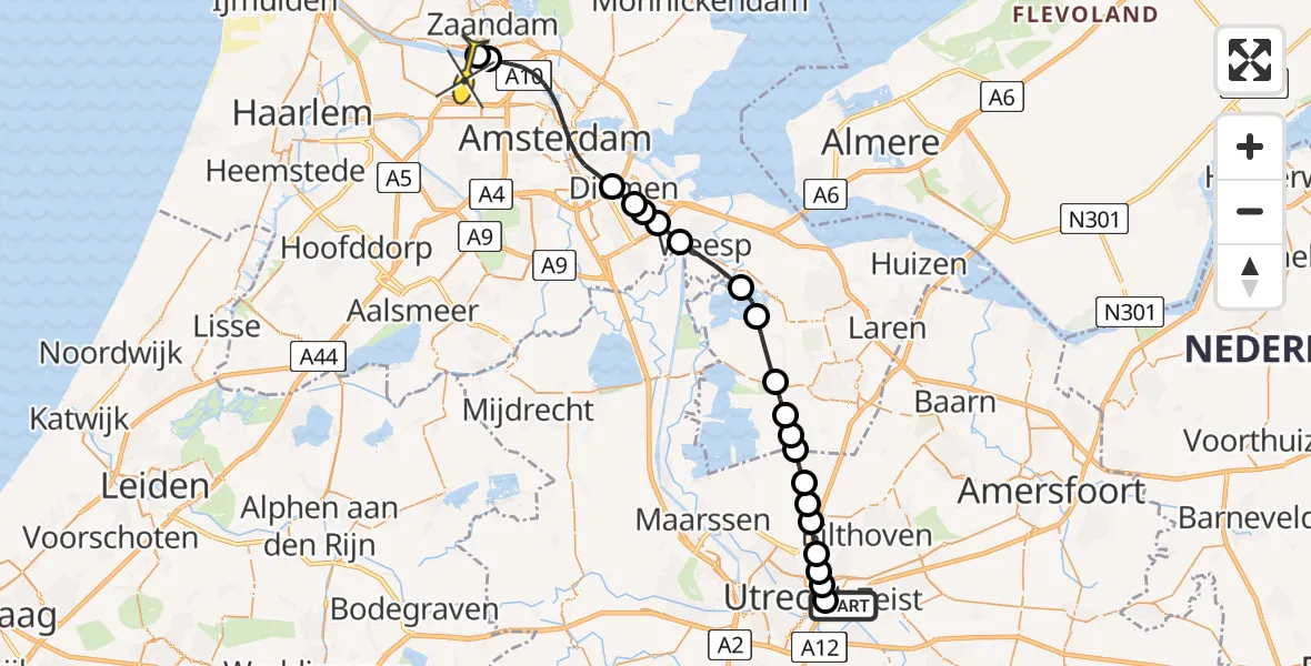 Routekaart van de vlucht: Lifeliner 1 naar Amsterdam Heliport