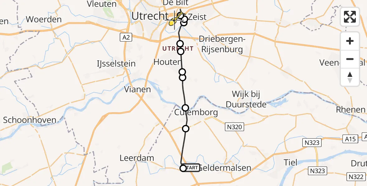 Routekaart van de vlucht: Lifeliner 3 naar Universitair Medisch Centrum Utrecht