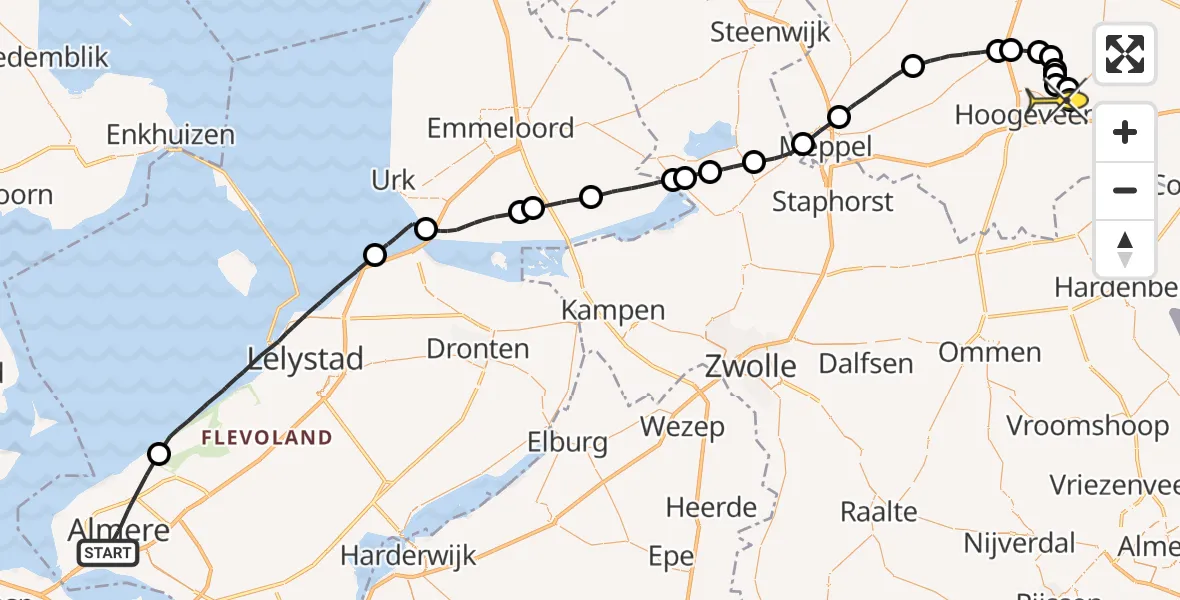 Routekaart van de vlucht: Politiehelikopter naar Vliegveld Hoogeveen