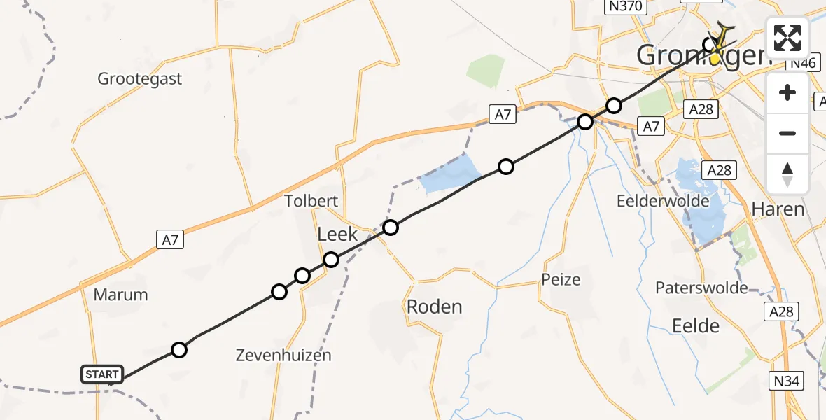 Routekaart van de vlucht: Lifeliner 4 naar Universitair Medisch Centrum Groningen