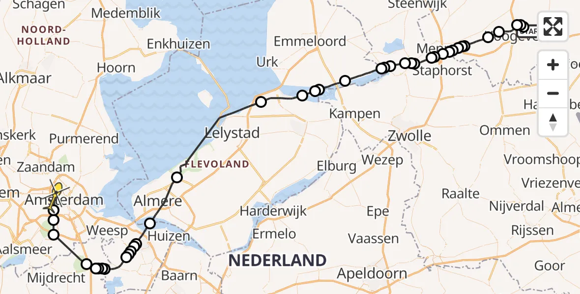 Routekaart van de vlucht: Politiehelikopter naar Amsterdam