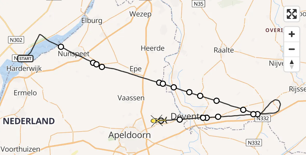 Routekaart van de vlucht: Politieheli naar Vliegveld Teuge