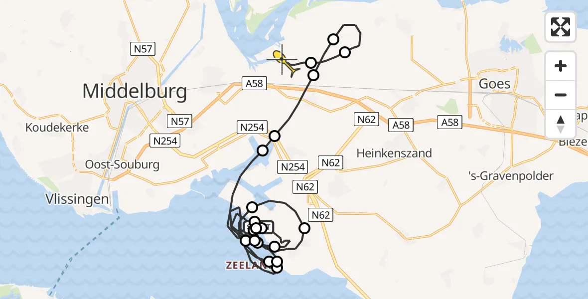 Routekaart van de vlucht: Politieheli naar Vliegveld Midden-Zeeland