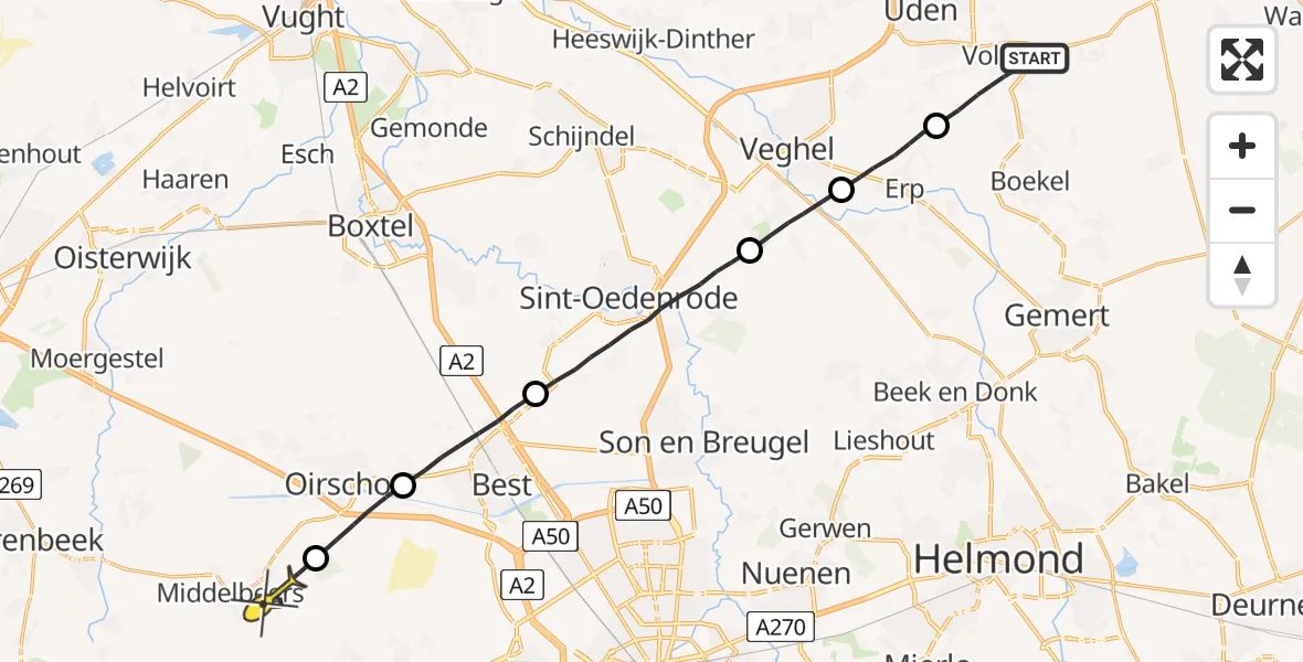 Routekaart van de vlucht: Lifeliner 3 naar Oost West en Middelbeers