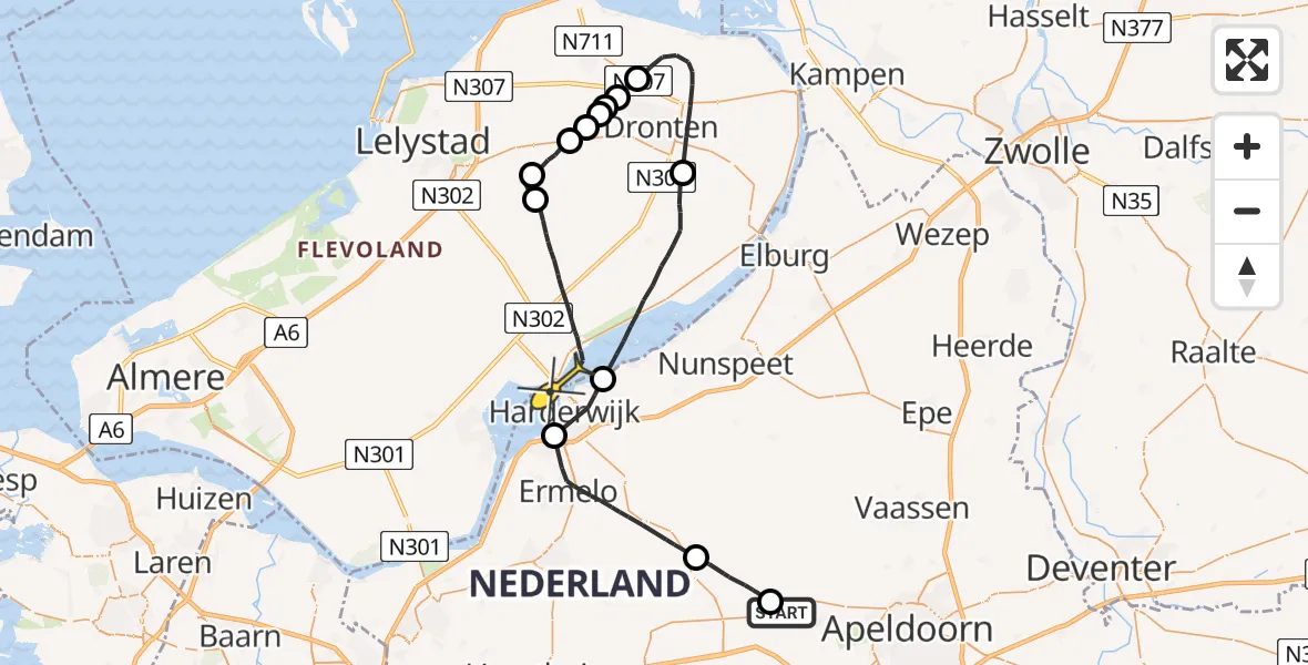 Routekaart van de vlucht: Politieheli naar Zeewolde