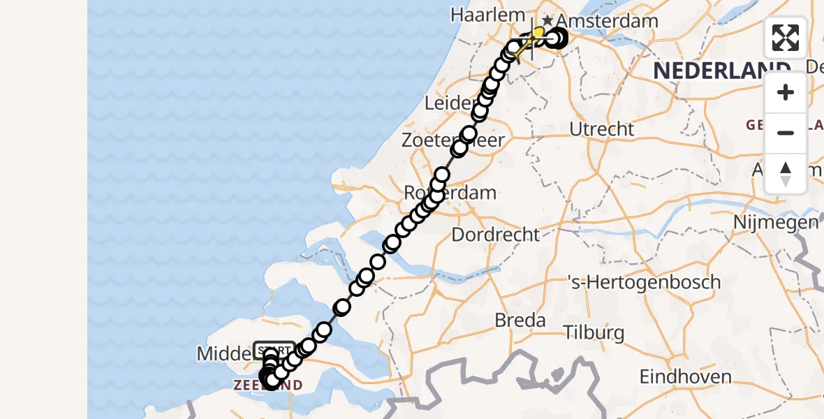 Vluchtroute Politiehelikopter van Vliegveld Midden-Zeeland naar Schiphol