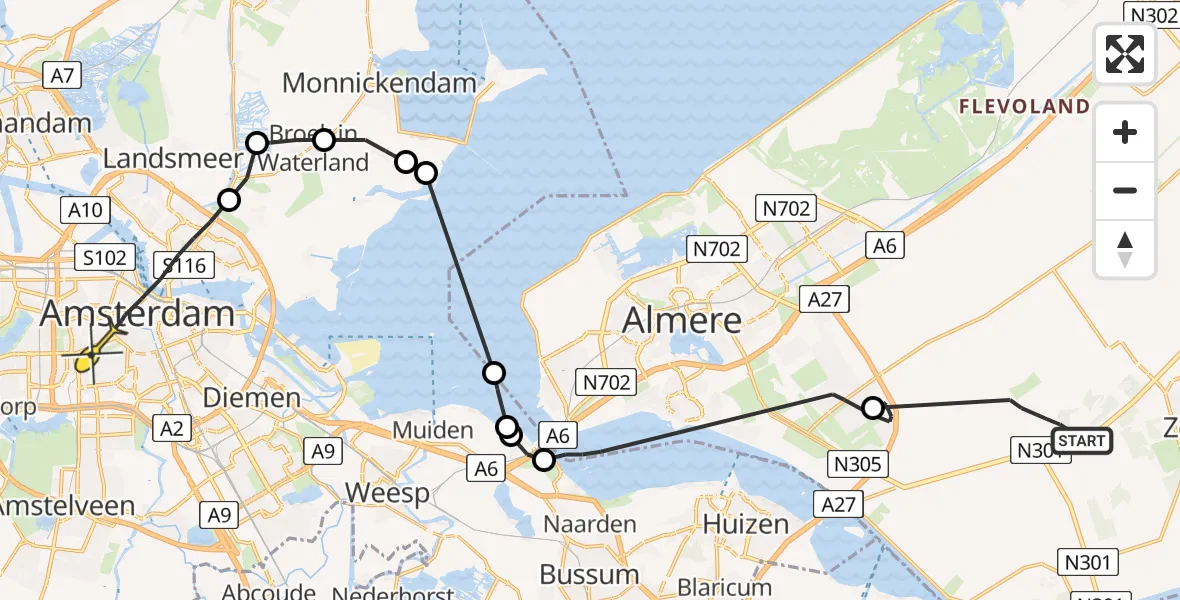 Routekaart van de vlucht: Politieheli naar Amsterdam