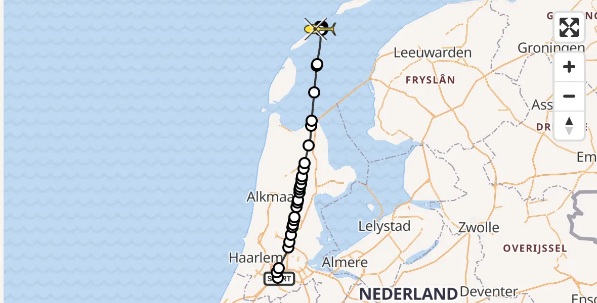 Routekaart van de vlucht: Politiehelikopter naar Vlieland