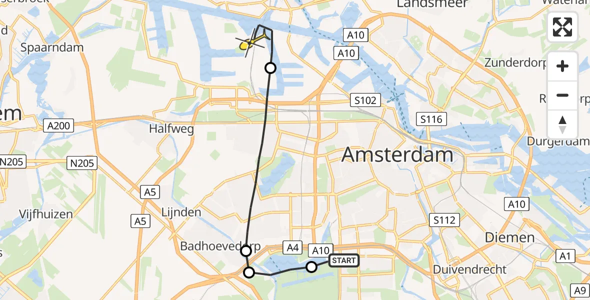 Routekaart van de vlucht: Lifeliner 1 naar Amsterdam Heliport
