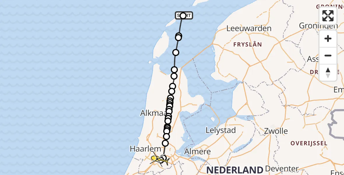 Routekaart van de vlucht: Politieheli naar Schiphol