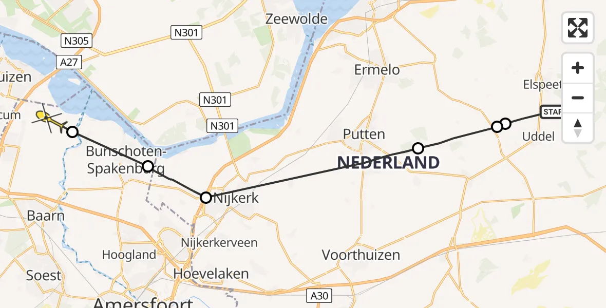 Routekaart van de vlucht: Politiehelikopter naar Eemnes