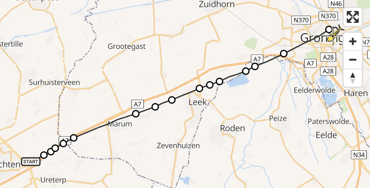 Routekaart van de vlucht: Lifeliner 4 naar Universitair Medisch Centrum Groningen