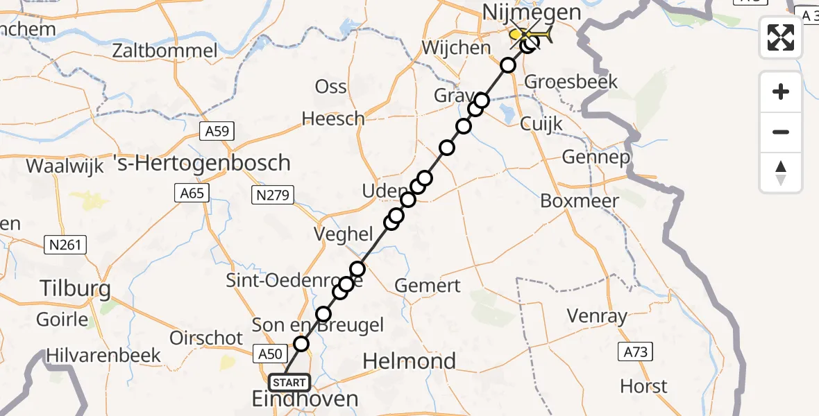 Routekaart van de vlucht: Lifeliner 3 naar Radboud Universitair Medisch Centrum