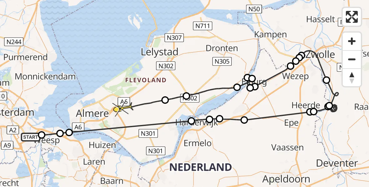 Routekaart van de vlucht: Politieheli naar Zeewolde