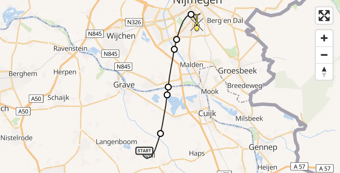 Routekaart van de vlucht: Lifeliner 3 naar Radboud Universitair Medisch Centrum