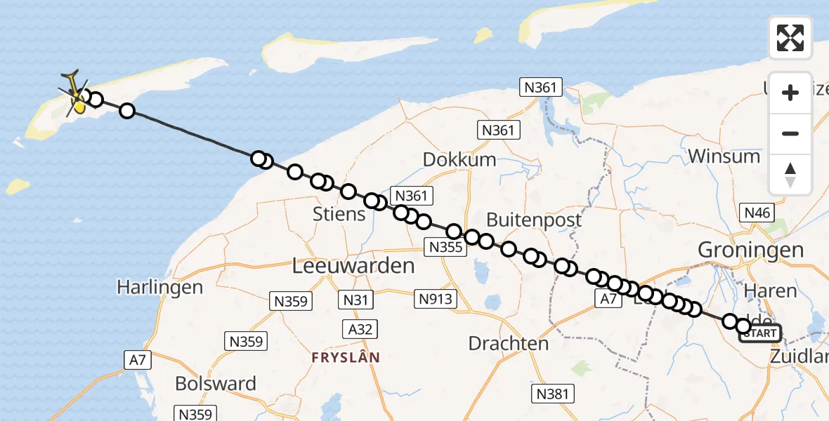 Routekaart van de vlucht: Lifeliner 4 naar West-Terschelling