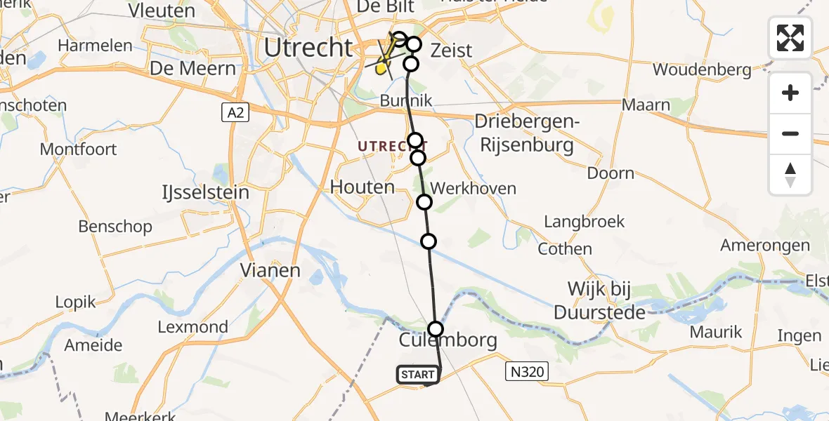 Routekaart van de vlucht: Lifeliner 3 naar Universitair Medisch Centrum Utrecht