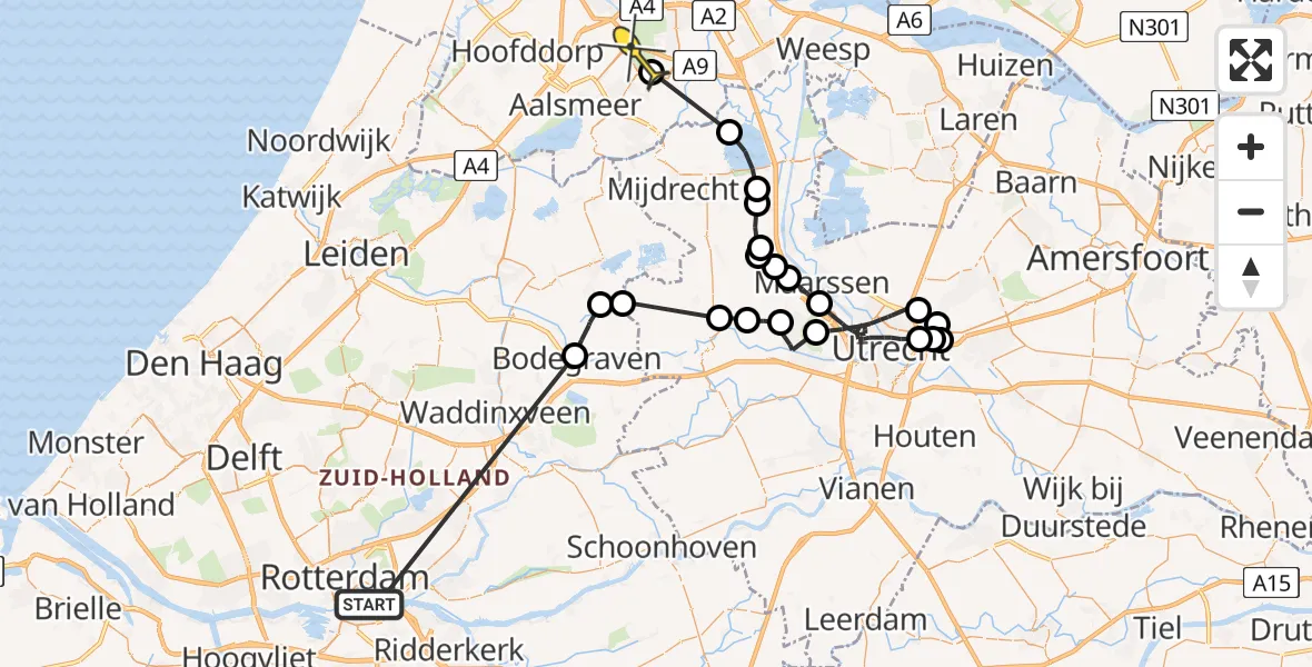 Routekaart van de vlucht: Politieheli naar Amstelveen